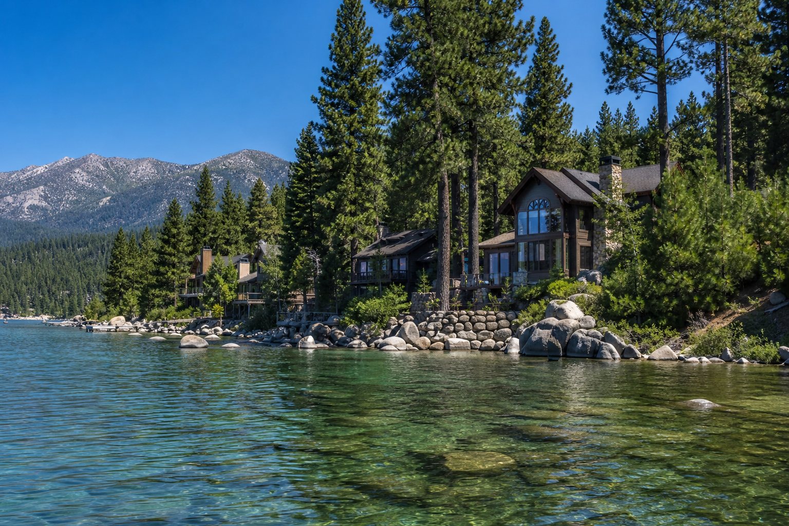 Lakeside neighborhood at Incline Village, Lake Tahoe, AI-generated concept imagery