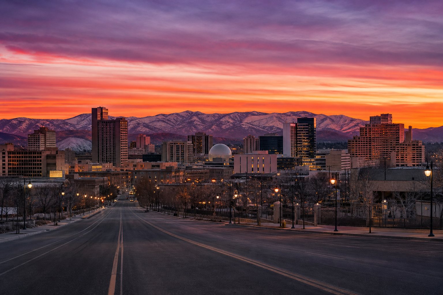 Downtown Reno, Nevada skyline at dusk, AI-generated concept imagery