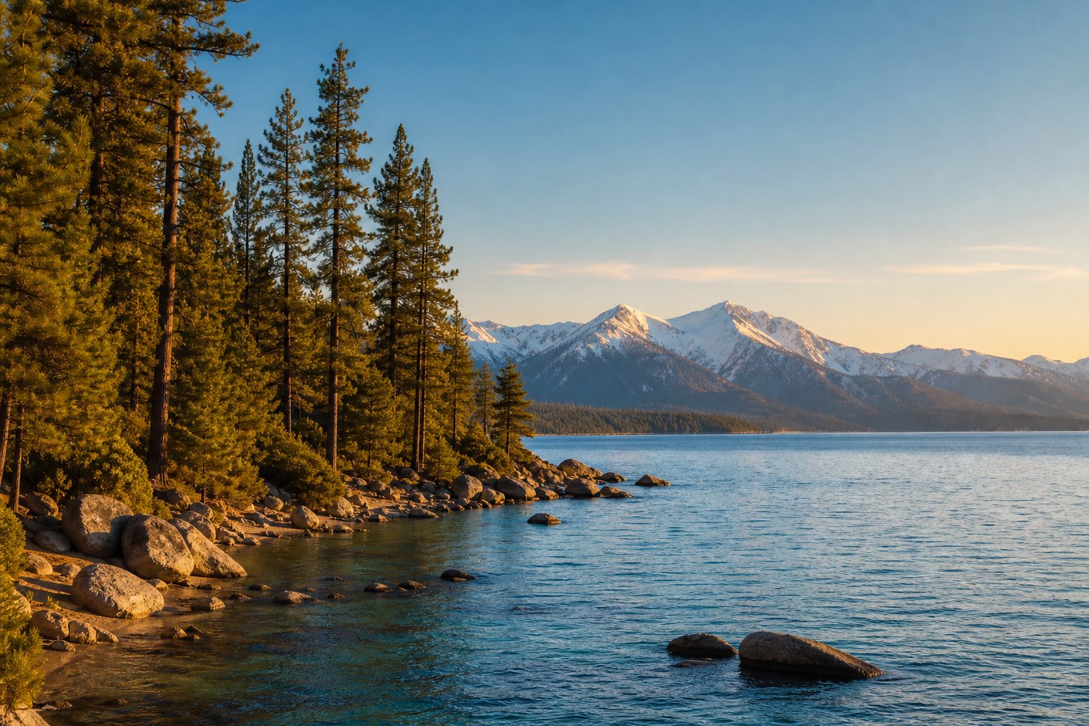 Lake Tahoe shoreline with pine forest and mountains at golden hour, AI-generated concept imagery